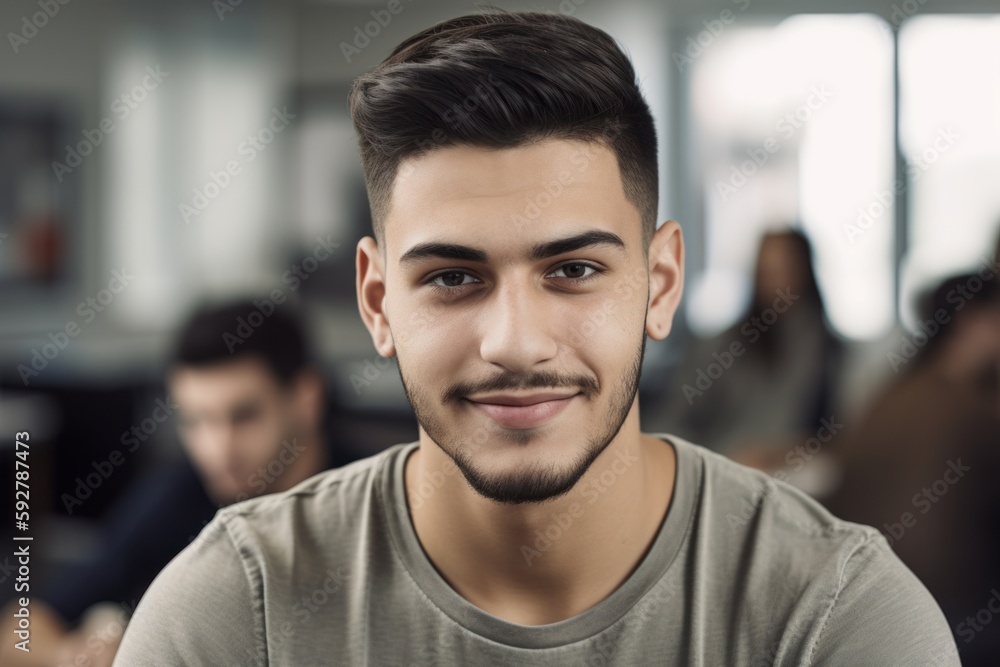 Portrait of handsome young man in casual clothes looking at camera and smiling while sitting in the office Portrait of handsome young man in casual clothes looking at camera and smiling while sitting in the office
