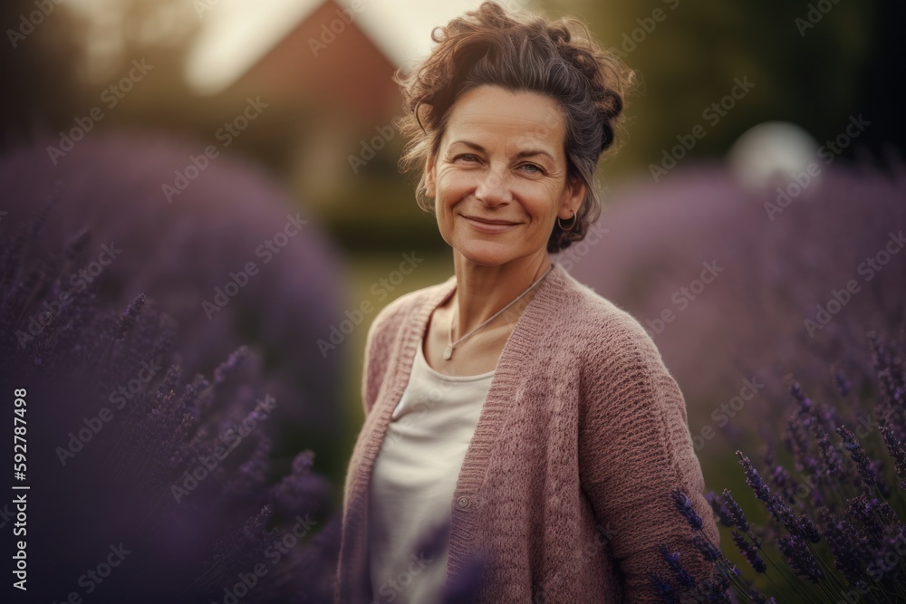 Portrait of senior woman standing in lavender field, smiling. Portrait of senior woman standing in lavender field, smiling.