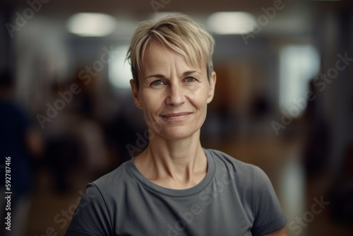 Portrait of a middle-aged woman with short hair in a gray T-shirt