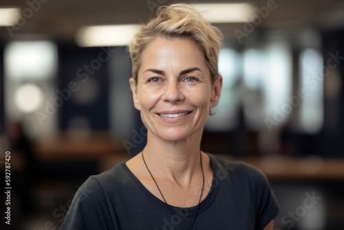 Portrait of smiling businesswoman standing in office, looking at camera