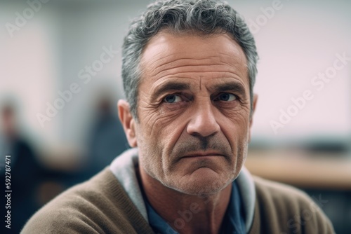 Portrait of senior man with grey hair looking at camera in office
