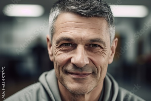 Portrait of mature man in sportswear smiling at camera in gym