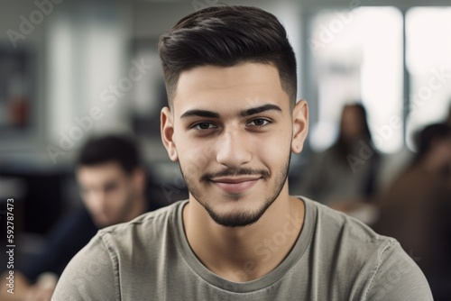 Portrait of handsome young man in casual clothes looking at camera and smiling while sitting in the office
