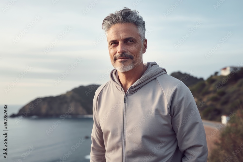 Portrait of handsome mature man in sportswear looking away while standing outdoors
