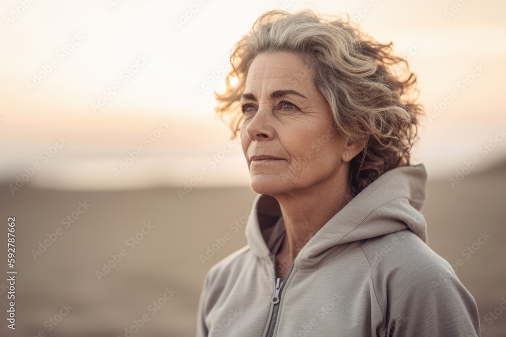 Portrait of mature woman in sportswear looking away on beach Portrait of mature woman in sportswear looking away on beach