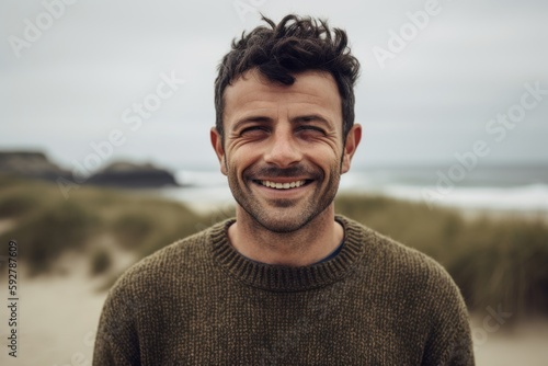 Portrait of handsome man smiling at camera while standing at the beach