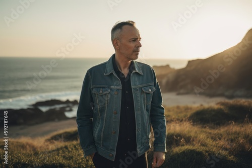 Portrait of a handsome mature man standing on the beach at sunset © Robert MEYNER