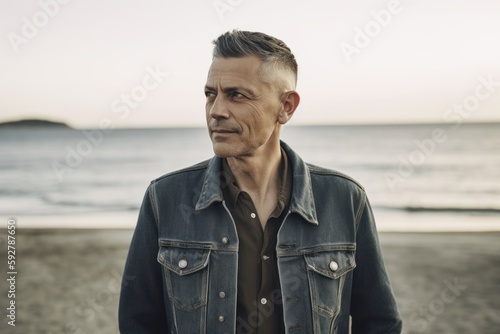Handsome middle-aged man in denim jacket on the beach