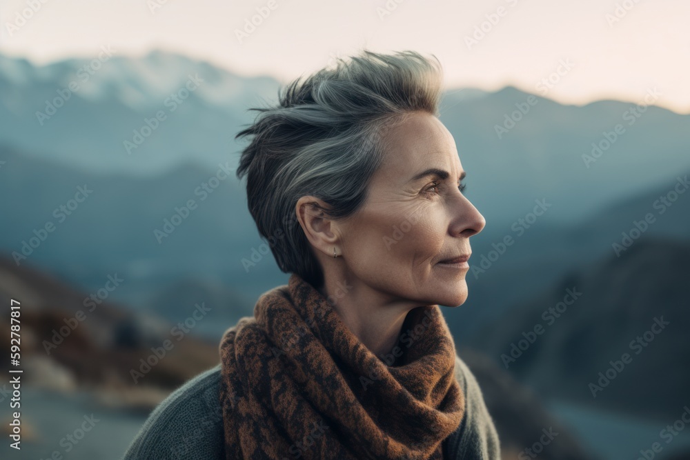 Portrait of a beautiful middle-aged woman with short hair in a warm scarf on the background of mountains