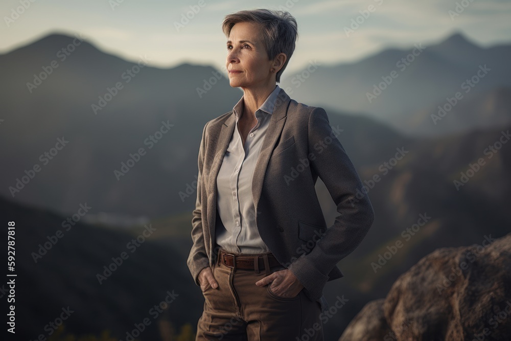 Portrait of a confident businessman standing on top of a mountain and looking away
