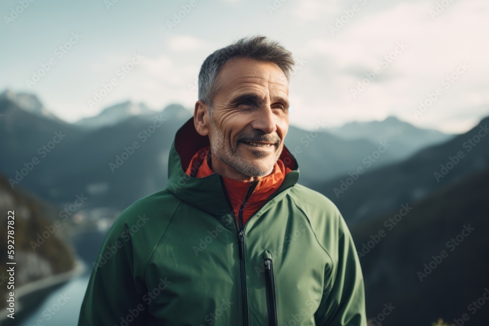 Handsome middle-aged man in sportswear is looking at camera and smiling while standing on the top of the mountain