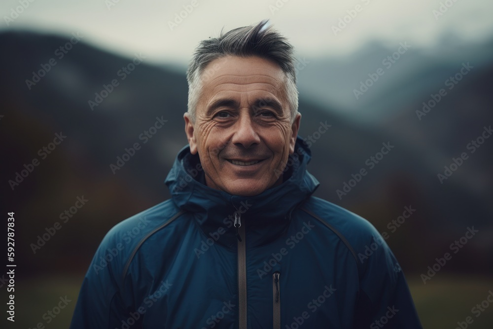 Portrait of a senior man in a blue jacket on a background of mountains Portrait of a senior man in a blue jacket on a background of mountains
