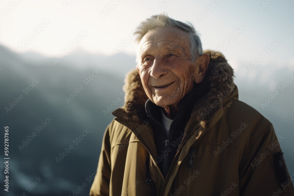 Portrait of senior man smiling at camera in mountains. He is looking at camera.