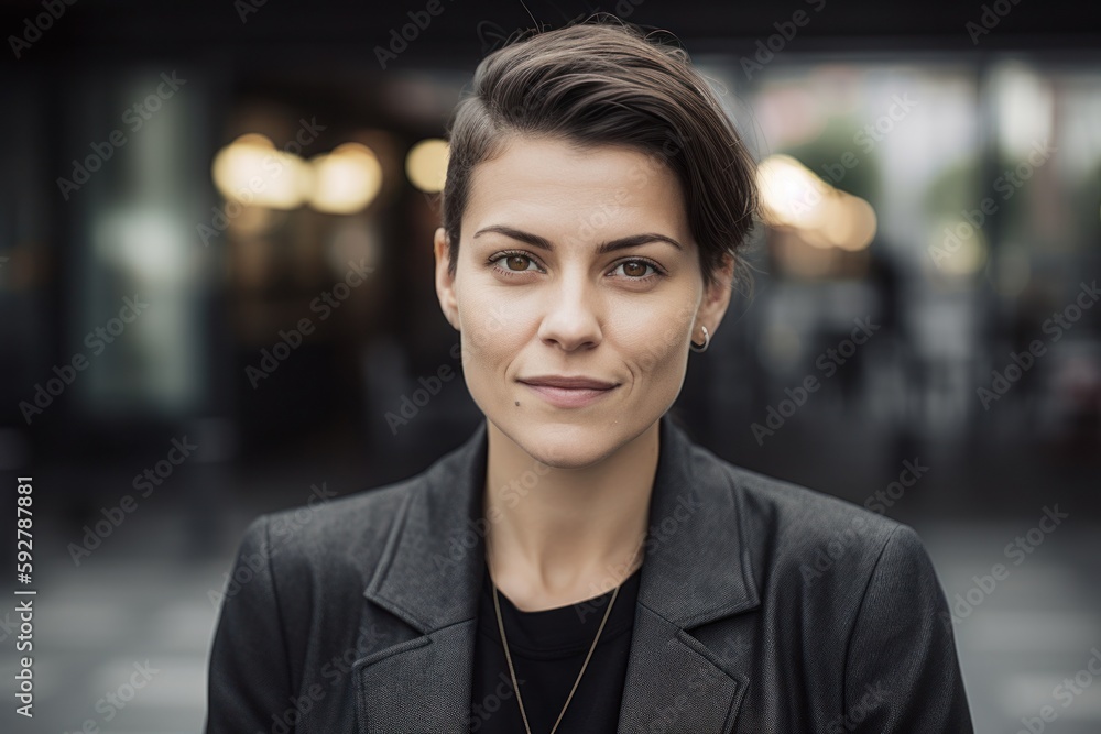 Fototapeta premium Portrait of a beautiful young woman in a business suit in the city