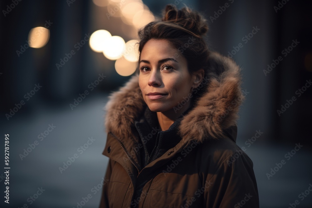 beautiful young woman in winter coat looking at camera on city street beautiful young woman in winter coat looking at camera on city street