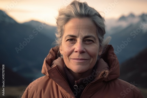 Portrait of a beautiful senior woman in the mountains at sunset.