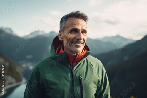 Handsome middle-aged man in sportswear is looking at camera and smiling while standing on the top of the mountain