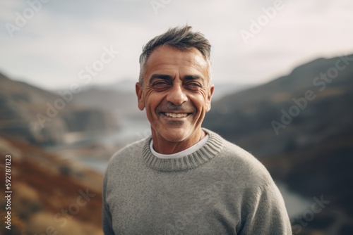 Portrait of a smiling mature man standing on top of a mountain and looking at the camera.