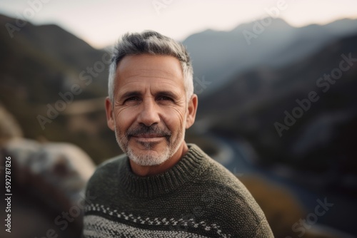 Portrait of a smiling senior man standing in the mountains at sunset