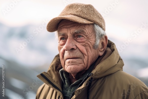 Portrait of an elderly man with hat and jacket outdoors in winter