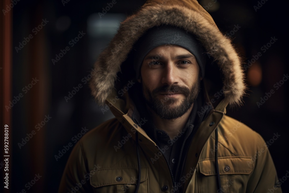 Portrait of a handsome bearded man in a warm jacket and hat