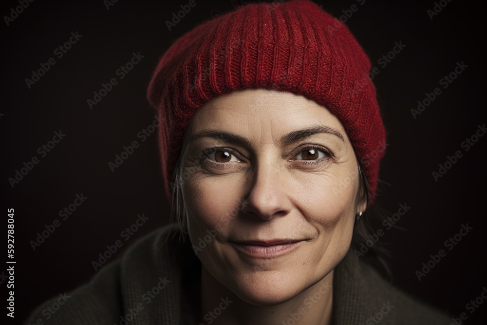 Portrait of a middle-aged woman in a red hat and sweater Portrait of a middle-aged woman in a red hat and sweater