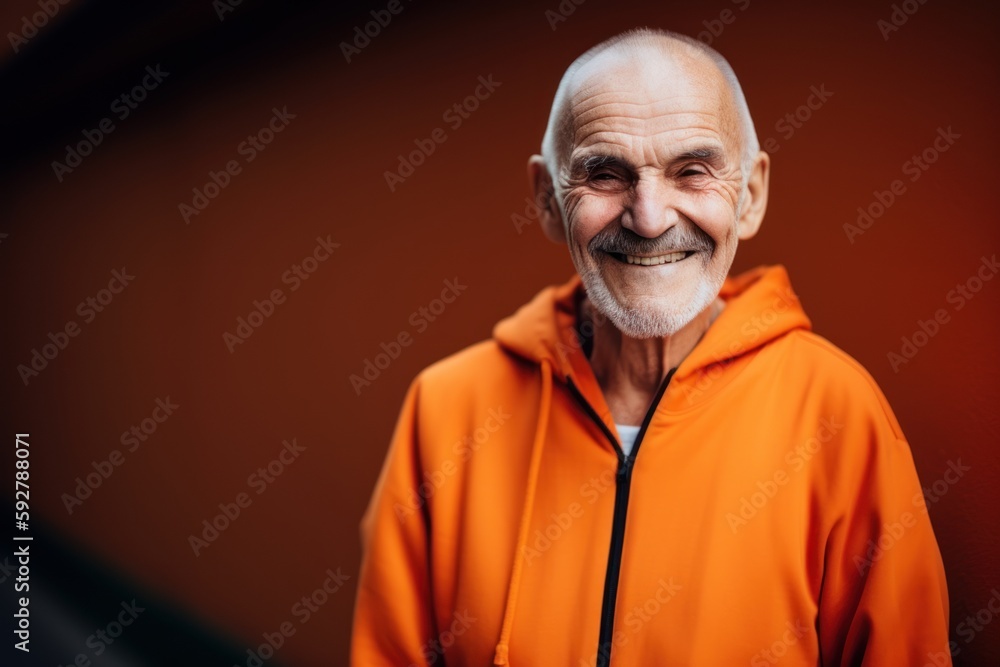 Obraz premium smiling senior man in orange hoodie looking at camera isolated on orange