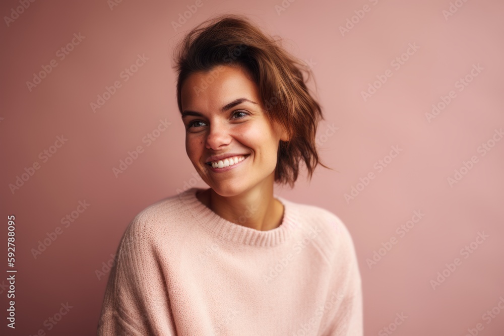Portrait of a beautiful young woman in a pink sweater on a pink background Portrait of a beautiful young woman in a pink sweater on a pink background