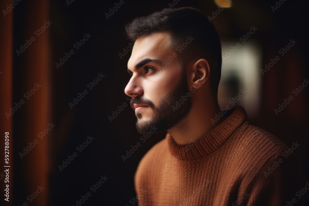 Portrait of a handsome young man in a brown sweater on a dark background