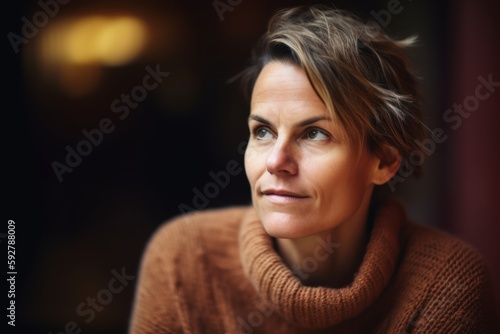 Portrait of a middle-aged woman in a brown sweater looking away © Robert MEYNER