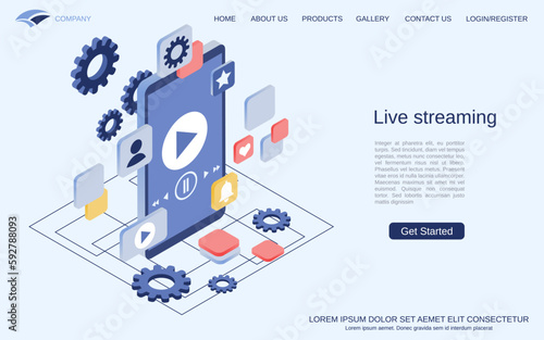 Live streaming, video blogging, internet journalism modern 3d isometric vector concept illustration. Landing page design template
