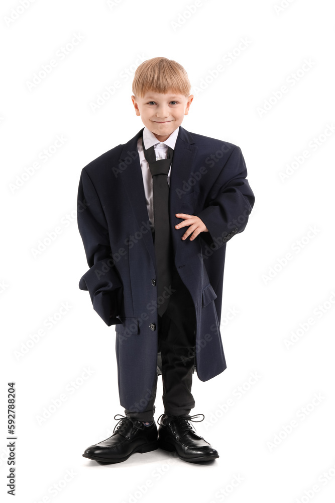 Funny little businessman in big jacket on white background Funny little businessman in big jacket on white background