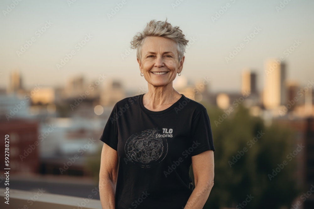 Portrait of a smiling senior woman with short blond hair standing in the city.