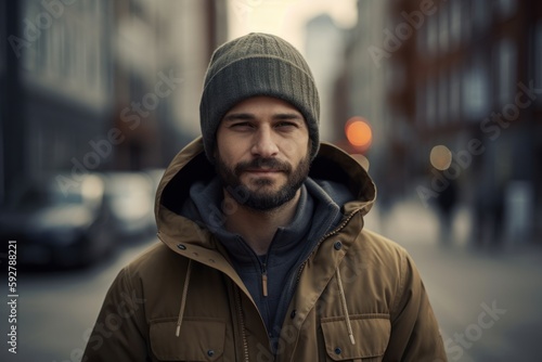 young handsome bearded hipster man in the city streets at sunset, lifestyle people concept © Robert MEYNER