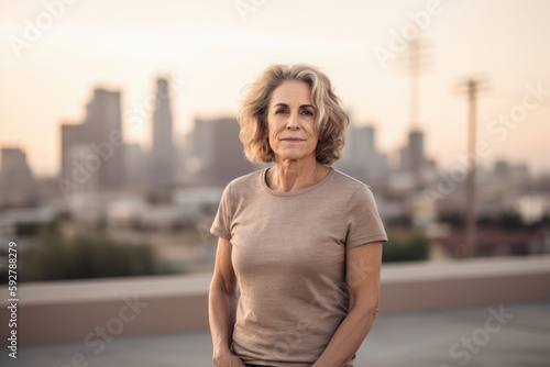 Portrait of a beautiful senior woman in the city at sunset.