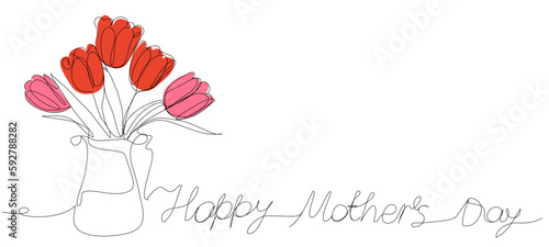 Red tulips in a flowerpot in one line on a white background. Vector card with minimalistic flowers for Mother s Day. Stock illustration in vertical banner size.