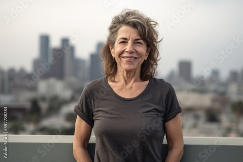 Portrait of beautiful mature woman with short wavy hair against view of the city