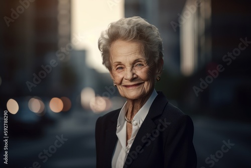 Portrait of a smiling senior businesswoman standing outdoors in the city