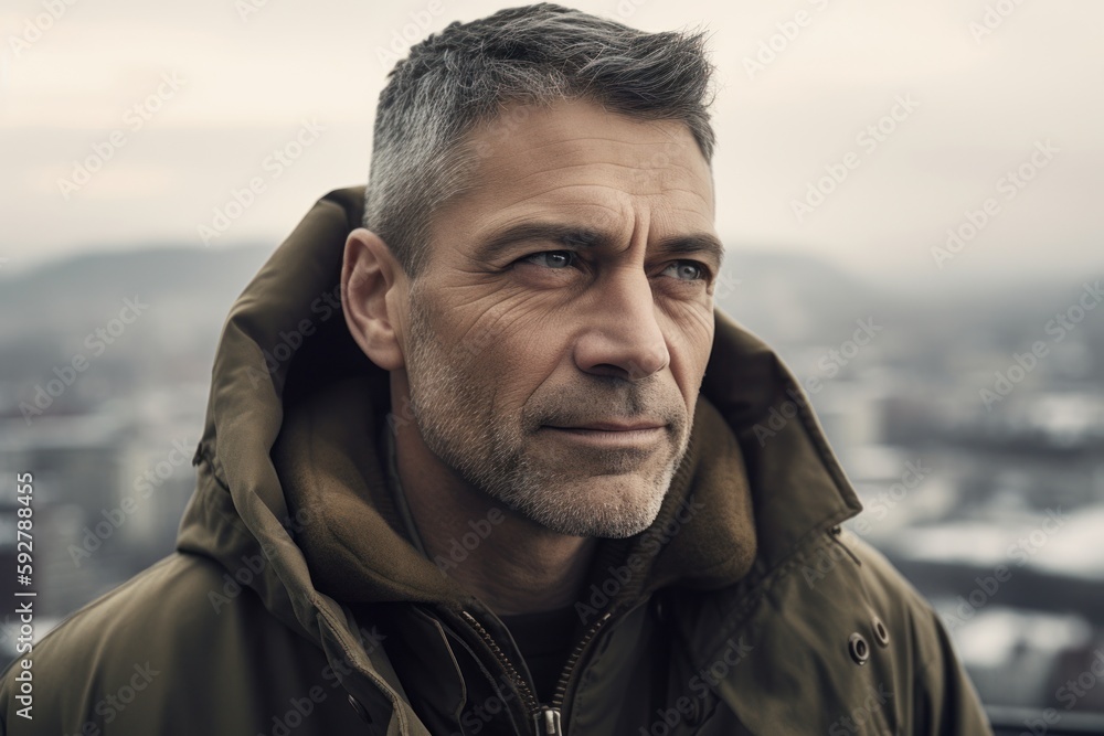 Portrait of a handsome middle-aged man in a parka. Portrait of a handsome middle-aged man in a parka.