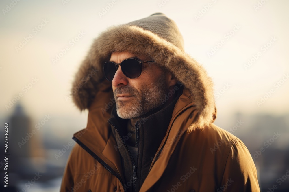 Portrait of a middle-aged man in sunglasses and a warm coat Portrait of a middle-aged man in sunglasses and a warm coat