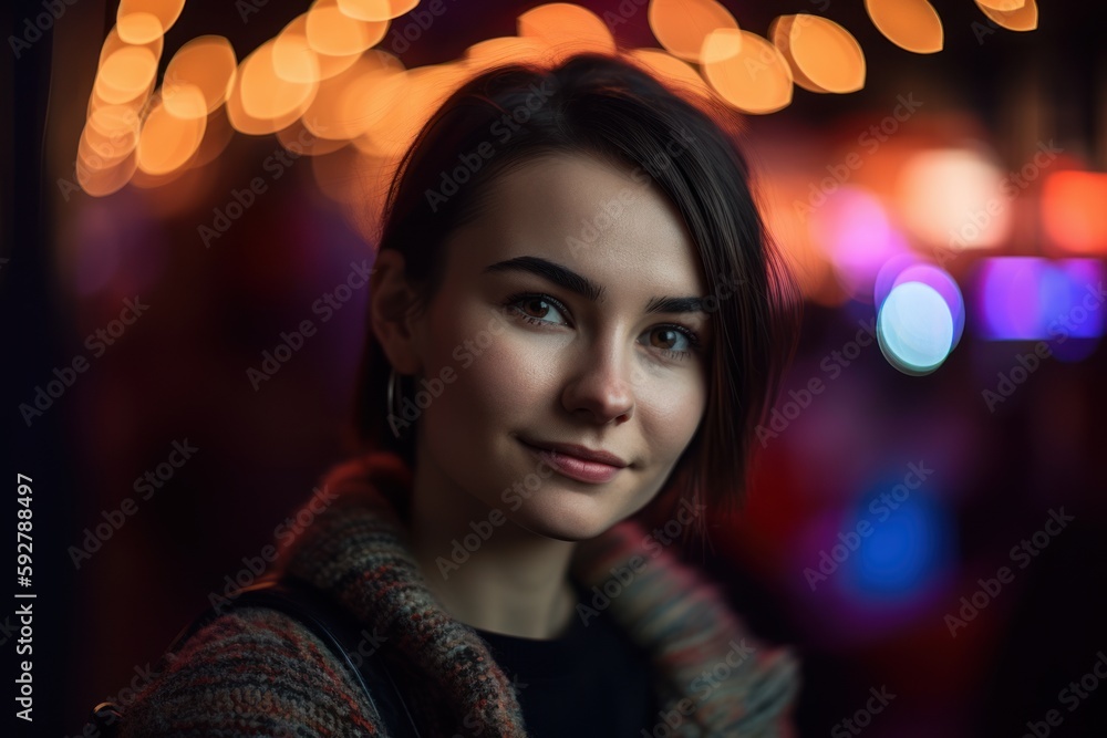 Portrait of a beautiful young woman in a city street at night