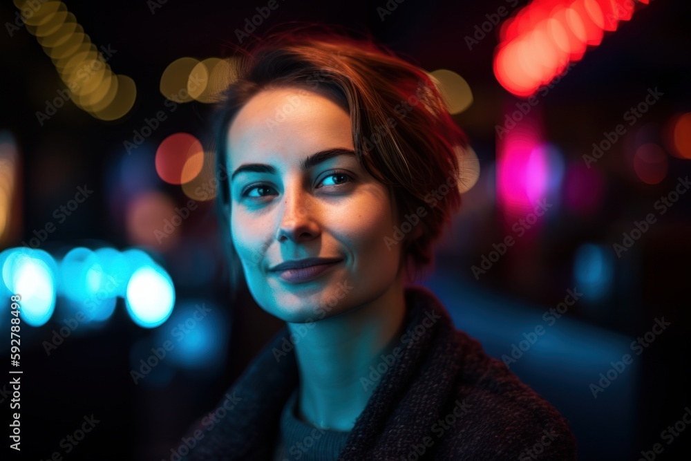 Portrait of a beautiful young woman in the city at night.
