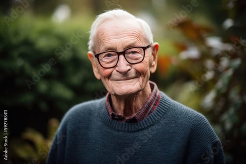 Portrait of a smiling senior man with glasses in the garden.