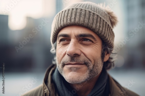 Portrait of mature man in hat and coat looking at camera outdoors © Robert MEYNER