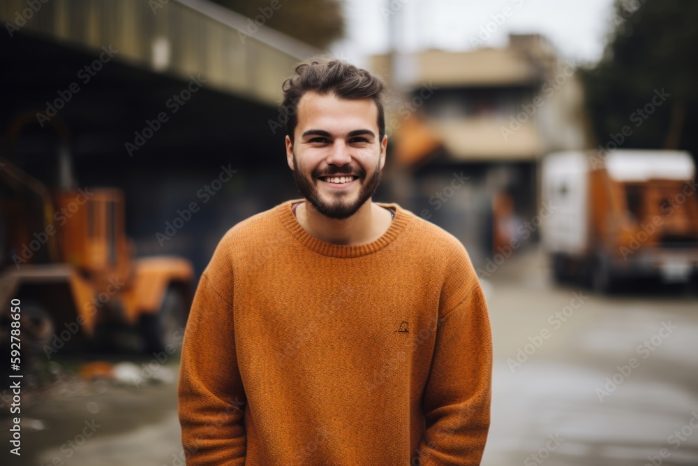 Portrait of a handsome young man in an orange sweater standing outdoors Portrait of a handsome young man in an orange sweater standing outdoors