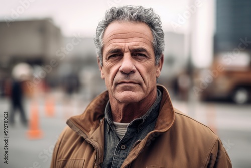 Portrait of senior man with grey hair in the city street.