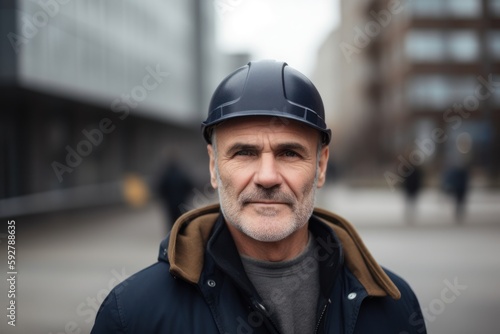 Portrait of a senior man wearing a hardhat outdoors in the city
