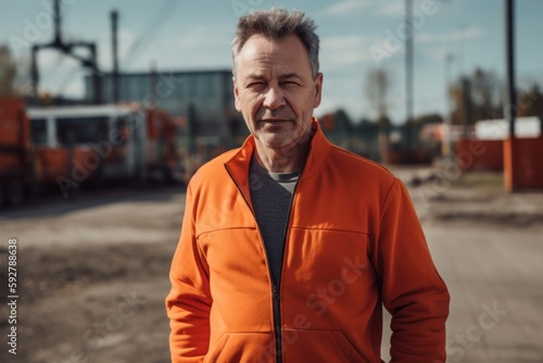 Portrait of a middle-aged man in an orange jacket on a construction site. © Robert MEYNER