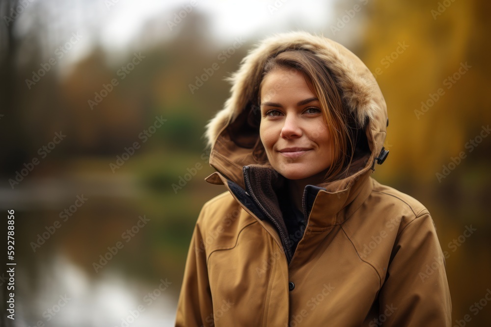 Portrait of a young woman in a yellow jacket on a background of autumn park Portrait of a young woman in a yellow jacket on a background of autumn park