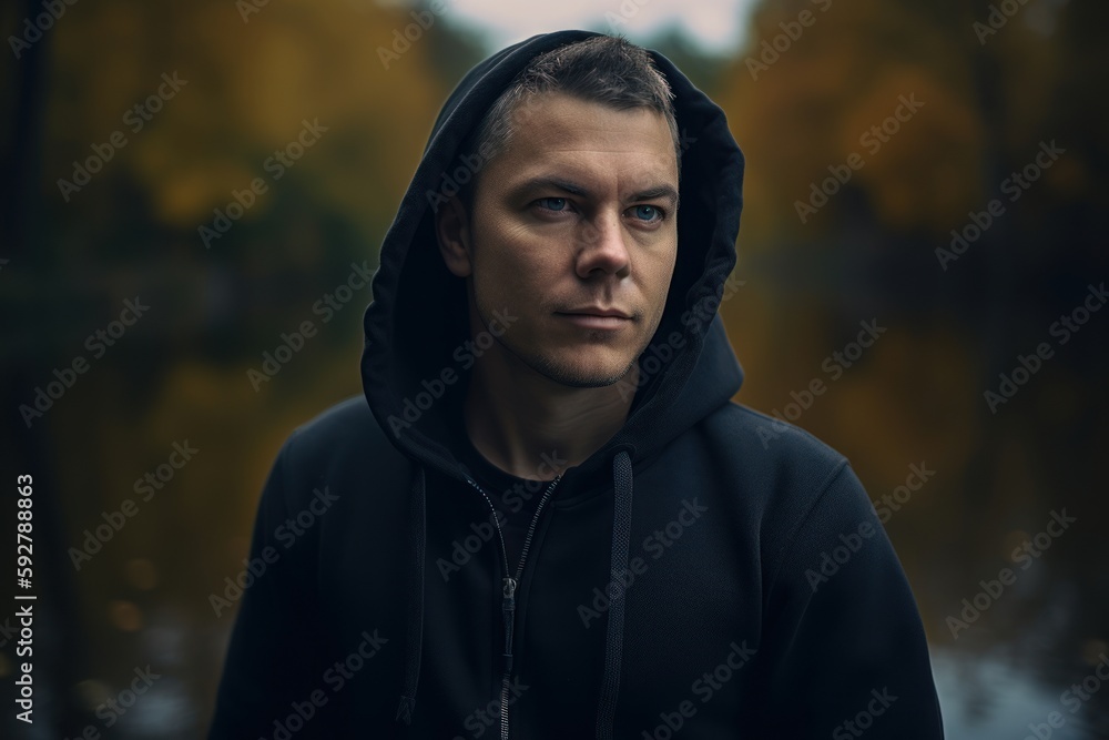 Portrait of a young man in a black hooded sweatshirt. Portrait of a young man in a black hooded sweatshirt.